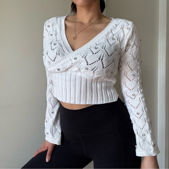 Coquette White Cropped Knit Wrap Sweater Pearls - Picture 2 of 4